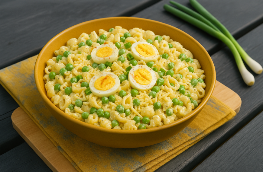 Romige pastasalade met erwten, kaas en ei
