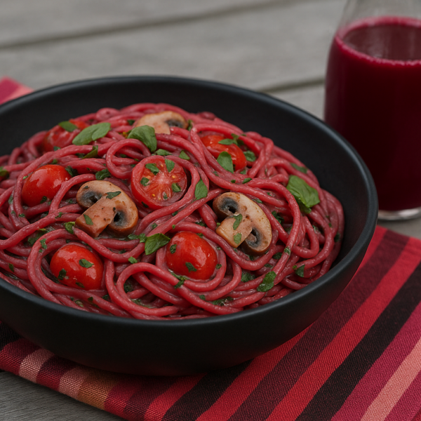 Pasta gekookt in bietensap met saus