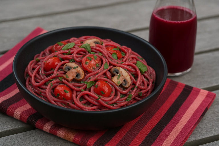 Pasta gekookt in bietensap met saus