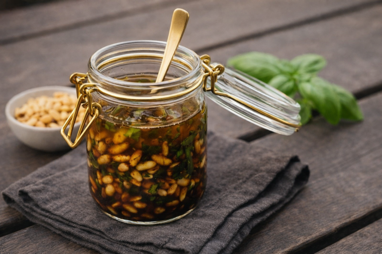 Basilicumdressing met pijnboompitten