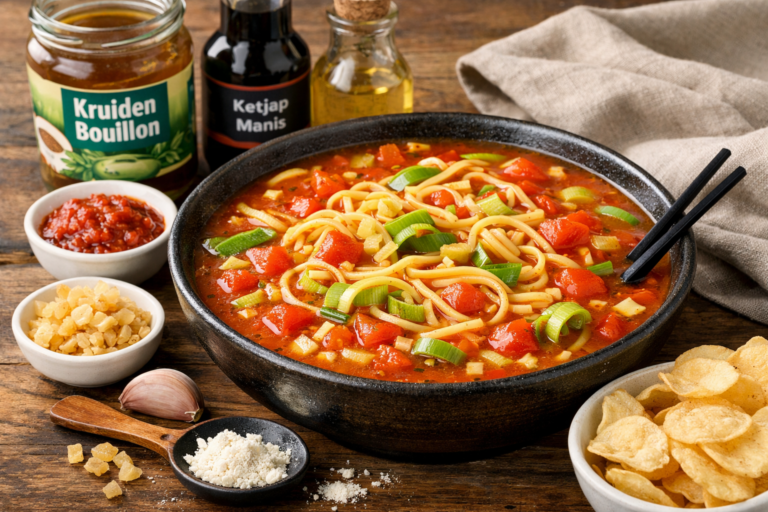 Zoetzure tomatensoep met mie en prei