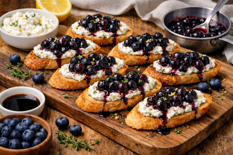 Crostini met geitenkaas en blauwe bessen