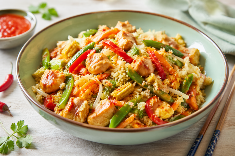 Wok­scho­tel met bloem­kool­rijst en kip