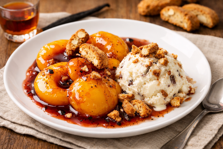Vanilleroomijs met cantuccini en perzik in vinsaus