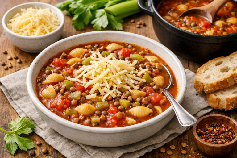Linzensoep met pasta en bleekselderij