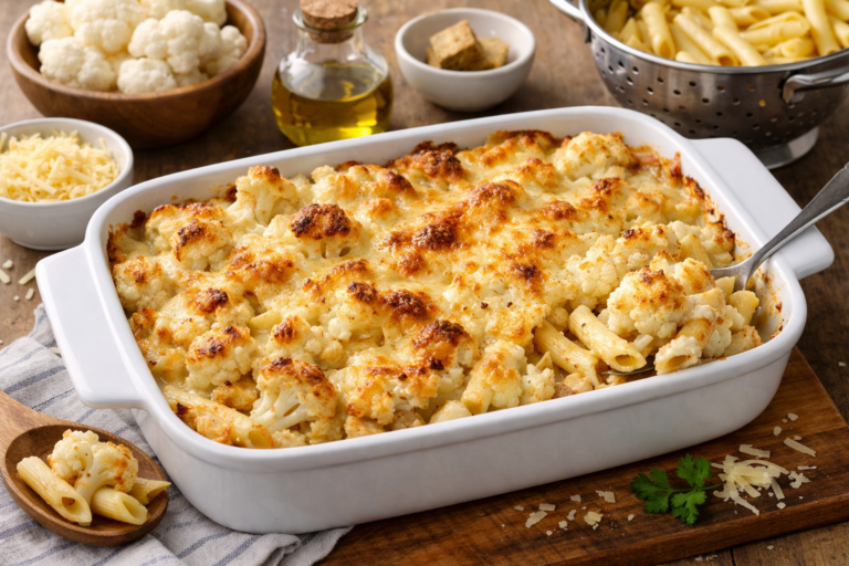 Penne ovenschotel met geroosterde bloemkool en kaassaus