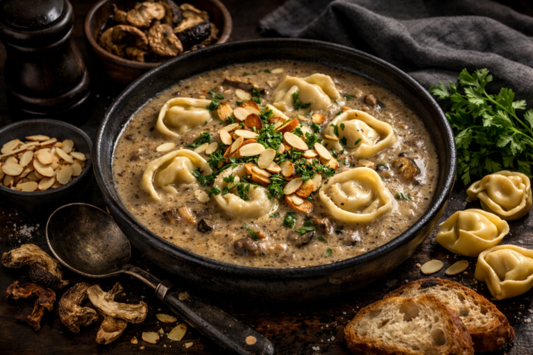 Romige paddenstoelensoep met tortellini en amandelen