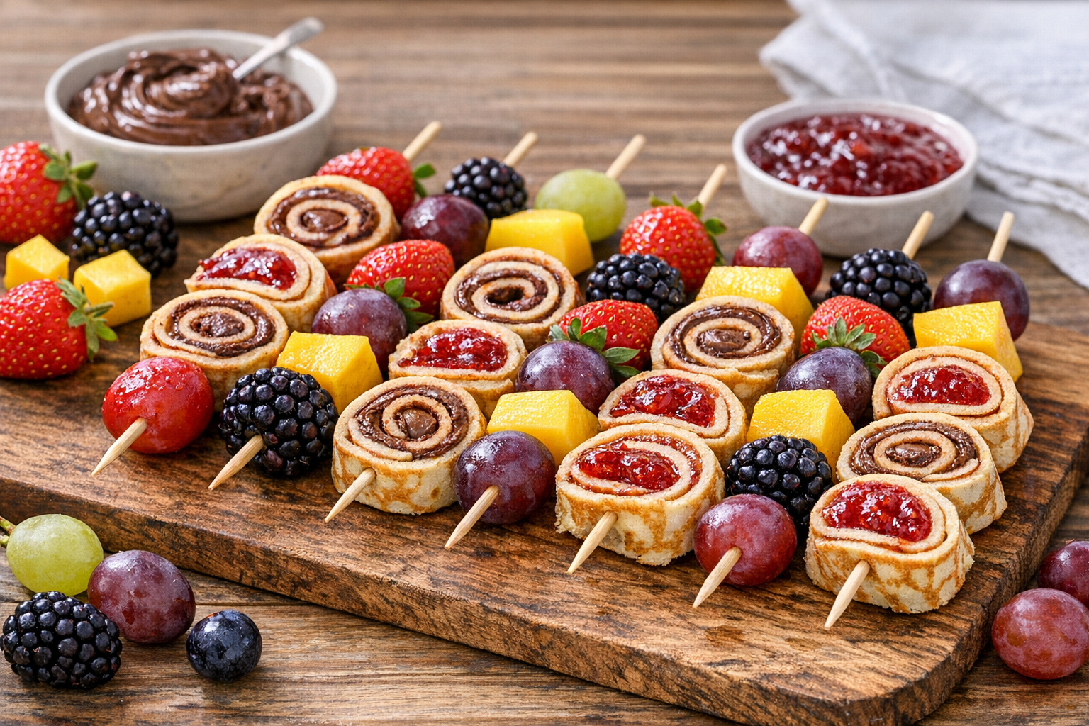 Pannenkoekenspiesjes met fruit, chocopasta en jam