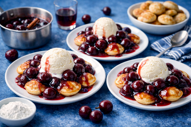 Poffertjes met warme kersensaus en roomijs