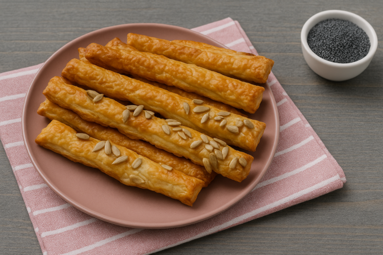Bladerdeegstengels met kaas, basilicum en sesam