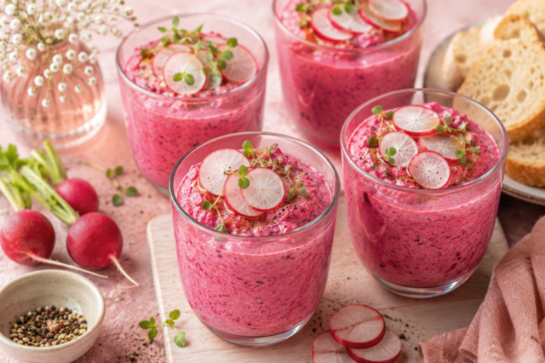 Bieten-yoghurt dip met radijs en rode ui