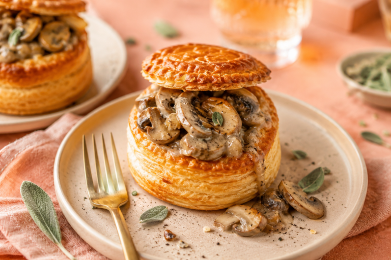 Pasteibakjes gevuld met een ragout van paddenstoelen en mosterd