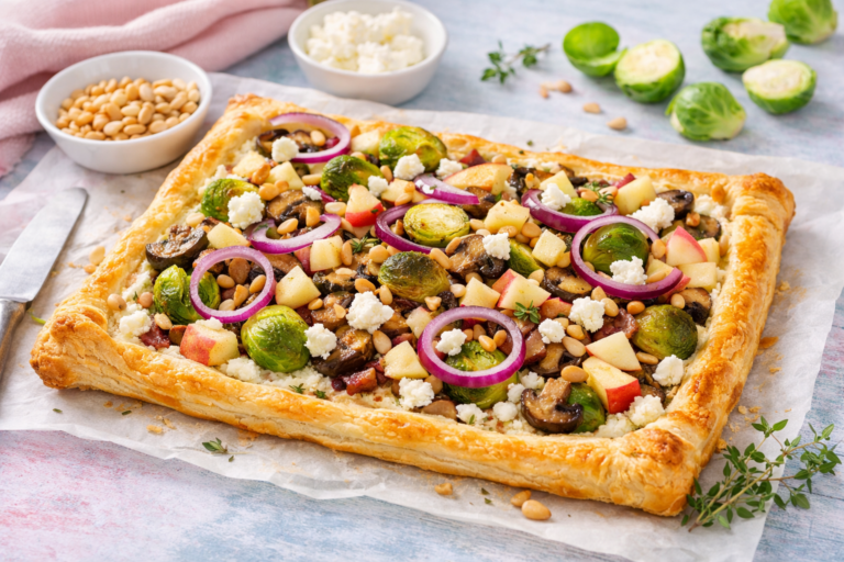 Vegetarische plaattaart met spruitjes, champignon en geitenkaas